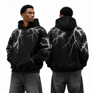 Custom Men Lightning Hoodie Cotton Fleece Pullover Oversized Fit Graphic Long Sleeve Front Pocket Top <b>for</b> USA B2B Fashion Buyers - Product Image 1