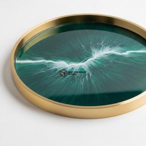 Luxury Emerald Green Resin Serving <b>Tray</b> with Gold Rim | Handmade <b>Round</b> Epoxy <b>Tray</b> | Modern Decorative Coffee <b>Table</b> <b>Tray</b> - Product Image 3