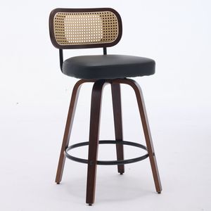 Juego de 3 Taburetes de Barra de 26 Pulgadas de Altura, con Respaldo de Ratán y Asiento Tapizado en Nogal, Hechos a Mano - Product Image 3