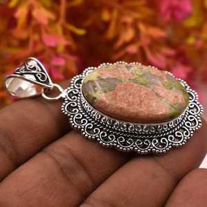 Pendentif élégant bohème en pierre d'Unakite, fait main, en argent sterling 925, bijou en cristal, cadeau NIKHIL GEMS, vintage, pour fiançailles, troisième anniversaire - Product Image 5