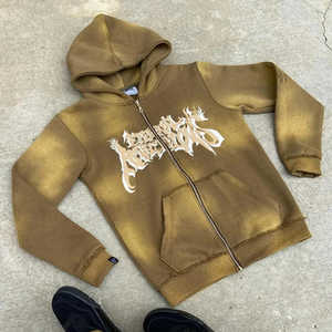 Ensemble de sweats à capuche zippés unisexe pour homme, en molleton épais, coupe oversize, avec logo personnalisé, style vintage, effet délavé soleil, vieilli et délavé à l'acide - Product Image 3