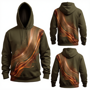 Sweat à capuche en coton épais vert olive de qualité supérieure avec motif abstrait Copper Fusion et style décontracté contemporain - Product Image 4