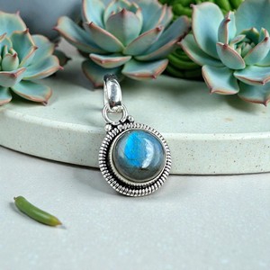 Pendentif en labradorite naturelle et argent sterling 925, bijoux faits à la main, pendentif rond cabochon pour femmes, chaîne de 20 pouces, vente en gros - Product Image 5