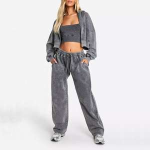 Ensemble 2 pièces personnalisé en molleton de coton pour femme, grande taille, comprenant un sweat à capuche court zippé à épaules tombantes et un pantalon de jogging, effet délavé à l'acide - Product Image 1