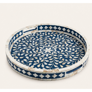 Plateau de service rond artisanal de luxe en nacre, mosaïque florale bleu marine écologique, plateau décoratif pour table basse - Product Image 3