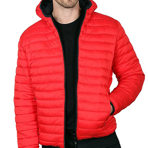 Men's Red Hooded Puffer <b>Jacket</b> Windproof Zipper Closure Casual Winter Wear Polyester Wadding Slim Fit - Product Image 5