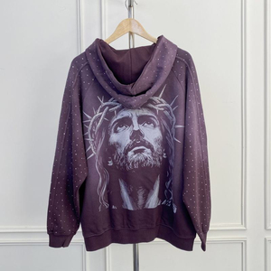 Sudadera con capucha de invierno para fabricantes, estilo hip hop, con lavado ácido, pedrería y efecto desgastado, con logotipo personalizado, de streetwear, lisa, transpirable y teñida. - Product Image 4