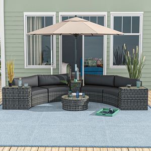 Set di 4 sedie da divano in rattan con 4 tavolini portaoggetti e foro per ombrellone, colore grigio misto - Product Image 2