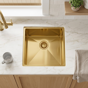 Évier de cuisine carré en laiton doré avec drain inférieur à rainure en X, vasque simple à encastrer sous plan, évier de préparation de bar en laiton brossé de luxe - Product Image 5