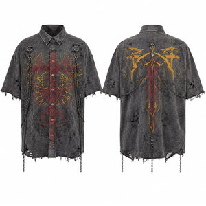 <b>Men's</b> <b>Gothic</b> Printed Short Sleeve <b>Shirt</b> With Chains And Ripped Details Turn-down Collar Casual Wear <b>Gothic</b> <b>Shirt</b> - Product Image 1