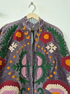 Handmade Grey <b>Velvet</b> Suzani Embroidered <b>Jacket</b> with Floral Print Full Sleeve Stand Collar Bohemian <b>Women's</b> Winter Coat - Product Image 2