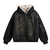 Veste en jean à capuche unisexe personnalisée, en coton molletonné de haute qualité, fermeture éclair, effet délavé, doublure en fourrure noire, coupe oversize, hiver, écologique