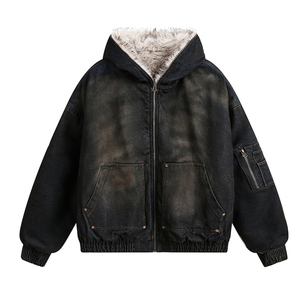 Custom Unisex Hooded Denim Jacket High Quality Cotton <b>Fleece</b> Zip-Up Sun-Faded <b>Black</b> Fur Lining Oversized Fit Winter Eco-Friendly - Product Image 1