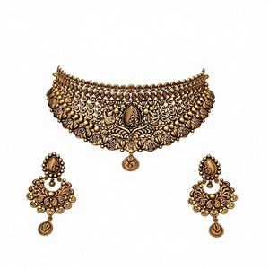 Conjunto de Collar de Oro Sólido de 22K para Novia con Centro de Rubí, Perlas Doradas en Cascada y Gotas de Gemas Color Granate para Mujer - Product Image 1