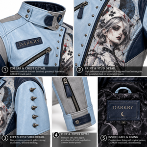 Chaqueta de cuero azul claro para mujer, estilo gótico, con estampado de enfermera, con tachuelas, cremallera asimétrica, cuello alto, oferta de fabricante a medida - Product Image 6