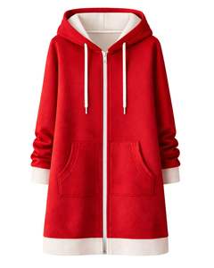 Sudadera larga con cremallera, color rojo, para mujer, abrigo con capucha de lana para invierno, informal, holgado, con bolsillos, OEM, fábrica personalizada - Product Image 1