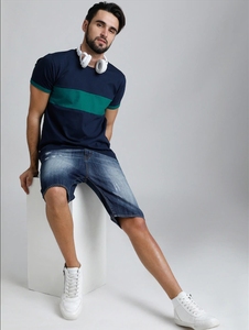 Camiseta Casual de Manga Corta para Hombre, Color Azul Marino y Verde, Sin Cuello, Tejida, Doble Botonadura, 100% Algodón, Transpirable, para Verano - Product Image 1