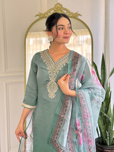 Green Rayon Quick Dry Spring Summer Autumn Knee-Length <b>Kurta</b> Set Embroidered Neckline Floral Dupatta <b>Women</b> Traditional Casual - Product Image 4
