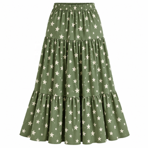 Women's Green Star A-Line Midi <b>Skirt</b> with Ruffles High Waist <b>Split</b> Knitted Cotton Elegant Style - Product Image 1