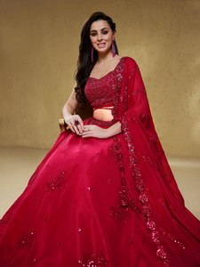 Pink Embroidered Silk Modal Wrinkle-Free Modern Georgette <b>Lehenga</b> Choli Set Dupatta Floral Reception Wedding Outfit for <b>Women</b> - Product Image 3