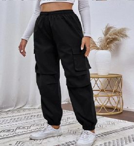 Pantalon cargo élégant pour femme avec poches à rabat latérales, taille mi-haute, 4 poches, design anti-plis pour l'été, idéal pour le bureau et les soirées - Product Image 2