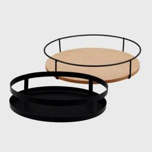 Round Wire <b>Basket</b> Tray With Wooden Base And Rope Trim Handle For Serving Storage Industrial Design Wooden Trays Set of 2 Pcs - Product Image 3