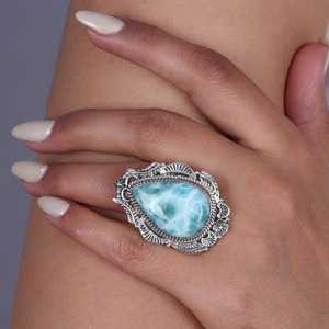 Anillo de Plata Larimar, Anillo de Plata de Ley 925, Plata de Ley 925 Sólida - Product Image 1