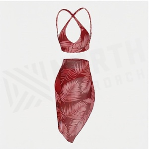 Ensemble bikini 2 pièces pour femme, imprimé feuilles tropicales, haut dos nu, jupe asymétrique, maillot de bain extensible - Product Image 4
