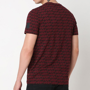 T-shirt à manches courtes pour homme, motif géométrique rouge, col rond, coupe ajustée, décontracté, en coton tricoté - Product Image 4