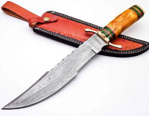 Couteau utilitaire à lame fixe en acier Damas, fabriqué à la main, pour la découpe en extérieur et le barbecue, avec étui en cuir - Product Image 3