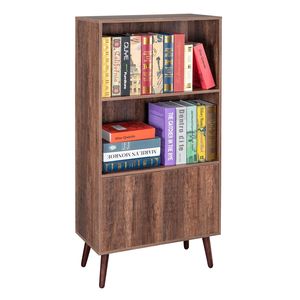 Bibliothèque à 2 niveaux en noyer avec portes, armoire de rangement pour livres, photos, décorations pour salon, bureau ou bibliothèque - Product Image 5