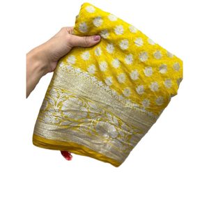 ATRACTIVE ORGANZA <span class=keywords><strong>argento</strong></span> tessitura JACQUARD BORDWERK SAREE e camicetta scucita gialla - Product Image 1