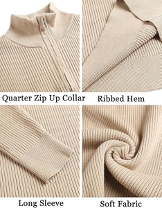 Pull tricoté en fibre de bambou beige pour homme, col zippé, couleur unie, décontracté, pour l'automne, à manches longues, côtelé, avec logo frontal - Product Image 2