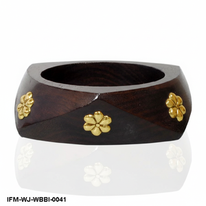 Handcrafted Dark Wood <b>Bangle</b> with Brass Floral Inlay Geometric Statement <b>Wooden</b> Bracelet for Women - Product Image 4