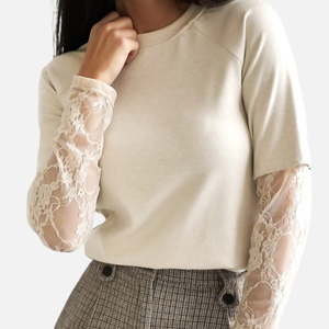T-shirt à manches longues et col rond pour femme avec manches en dentelle, couleur unie, haut décontracté, vêtement d'automne, tissu tricoté respirant - Product Image 3