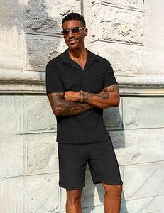 Ensemble polo et short pour homme URRU, tenues d'été, plage, tissu éponge, manches courtes, ensemble court 2 pièces pour homme - Product Image 1