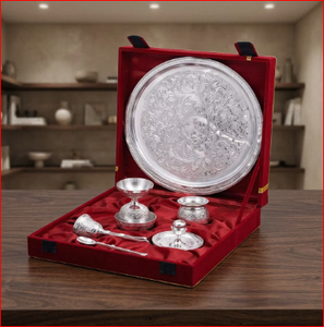 Ensemble de thaali pour pooja de 8 pouces, fait main, luxe, plaqué or, avec motifs en relief, cadeau de luxe. - Product Image 6
