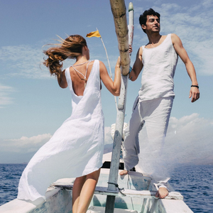 Robe en lin blanc pour femme, style bohème, maxi, dos ouvert asymétrique, robe de mariée, tunique en lin bohème, robe midi - Product Image 1