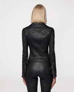 Womens Real Leather Winter Jacket Black Biker Style Sheep Skin <b>Silver</b> Zipper Breathable Eco-Friendly Windproof <b>Shawl</b> Collar - Product Image 4