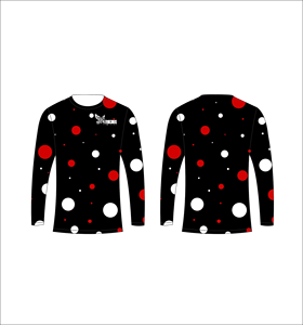 Maillot de sport personnalisé à manches longues en sublimation, léger, avec motif à pois noir, rouge et blanc – Fournisseur de vêtements en gros - Product Image 1