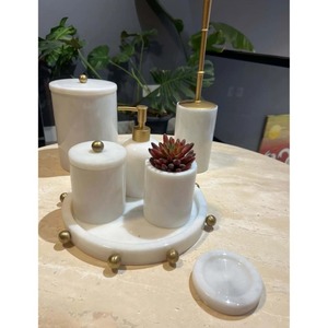 White Marble Bathroom Set 6-Piece Round Minimalist Soap Dispenser <b>Toothbrush</b> <b>Holder</b> Tray Easy To Clean - Product Image 5