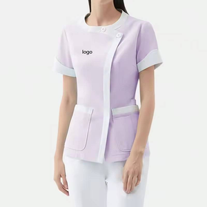 Ensemble d'uniformes médicaux bleu clair à bordure blanche - Chemise à col montant + pantalon droit pour uniformes d'hôpital - Product Image 5