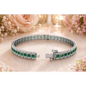 Premium <b>925</b> <b>Sterling</b> <b>Silver</b> Lab Grown Diamond Green Stone <b>Bracelet</b> With Double Row Link Pattern For Wholesale Jewelry Brands - Product Image 1