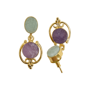 Vintage 18K <b>Gold</b> Plated Bohemian Drop <b>Earrings</b> with Amethyst and Amazonite Stone Bezel Setting Women's Gift Jewelry - Product Image 2