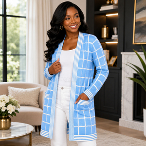 Cardigan long en acrylique Cosh International Sorority Sisterhood, motif à carreaux bleus, col en V, décontracté, manches longues avec poches - Product Image 4