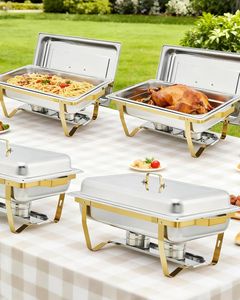 Elegante calentador de alimentos tipo buffet de acero inoxidable con acabado dorado y tapa para exhibición en hoteles, hogares, restaurantes y banquetes. - Product Image 1