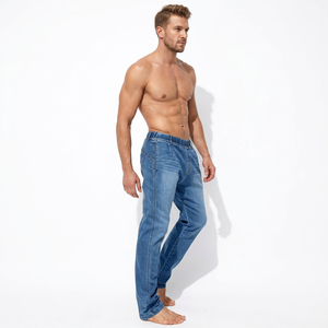 Wholesalers Online Men's Mid-Rise Straight Fit Slim Breathable <b>Jeans</b> Regular Wash Solid Blue Cotton Casual Pants <b>Button</b> <b>Fly</b> - Product Image 2