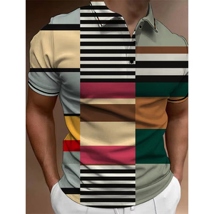 Polo con estampado 3D divertido de geometría para hombre, camiseta con patrón de bloques a rayas, camisa de verano informal con cuello de solapa, de alta calidad premium. - Product Image 6