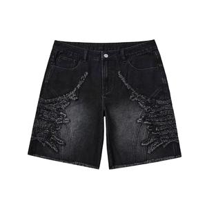 Custom Summer Embroidery Rhinestone <b>Applique</b> Distressed Streetwear Acid Wash Jeans Shorts Men Baggy Denim - Product Image 1