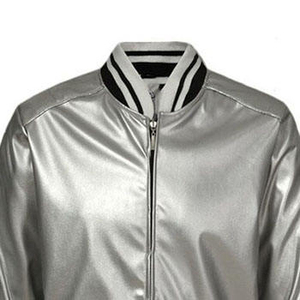Custom Metallic <b>Silver</b> Satin <b>Jacket</b> Shiny Lightweight <b>Jacket</b> with Zipper Closure Striped Ribbed Collar Cuffs Outerwear OEM - Product Image 1